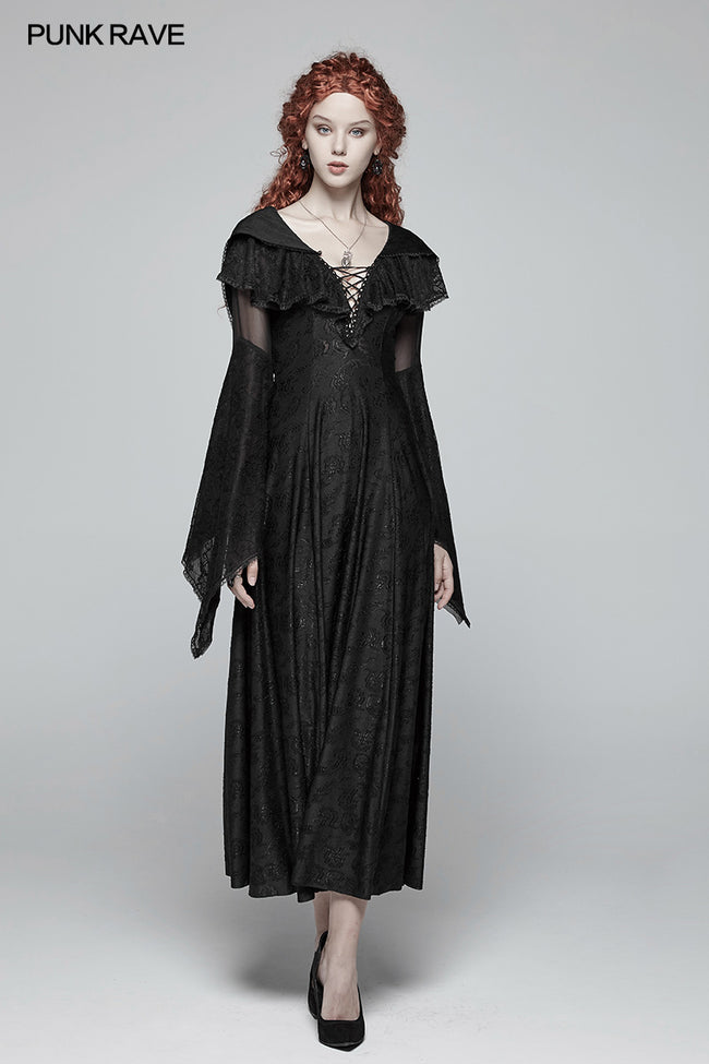 Sexy Goth Lace-up V Neck Long Sleeves Long Dress