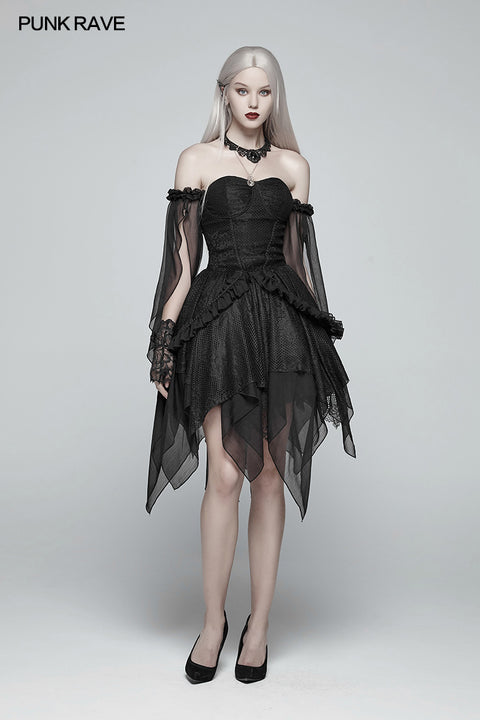 Lolita Black Off Shoulder Irregular Hem Elf Dress