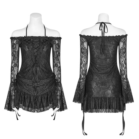 Gothic Off Shoulder Halter Neck Horn Sleeves Lace Mini Shirt