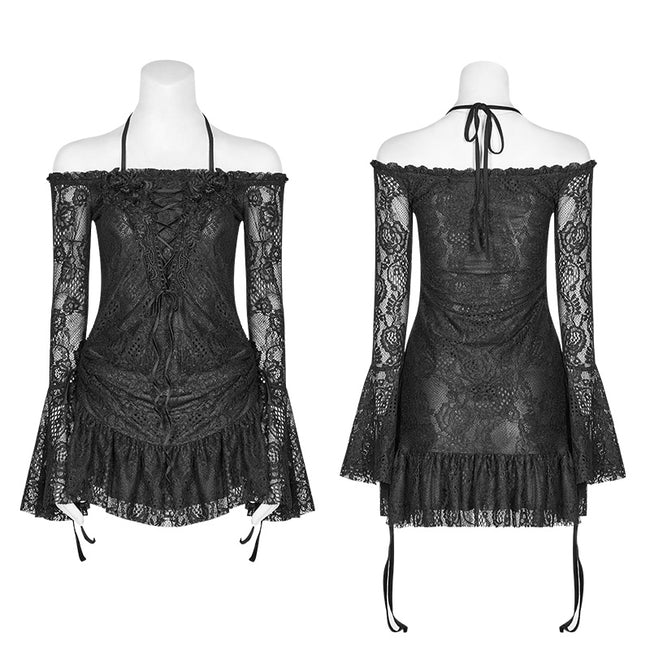 Gothic Off Shoulder Halter Neck Horn Sleeves Lace Mini Shirt– Punkravestore