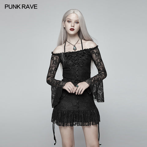 Gothic Off Shoulder Halter Neck Horn Sleeves Lace Mini Shirt