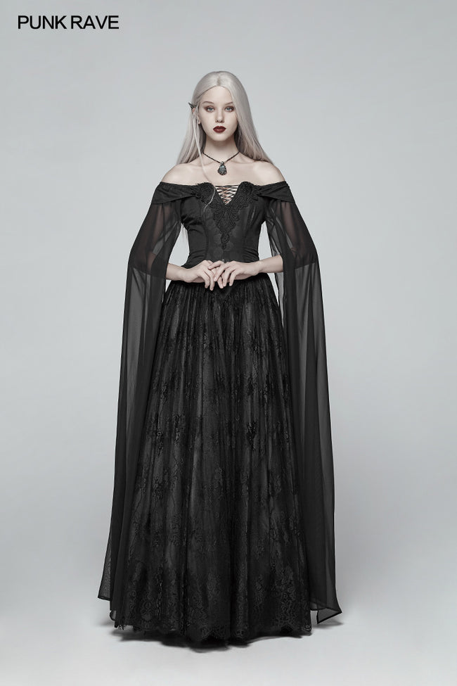 Retro And Elegant Dark Gothic Off Shoulder Victoria Long Lace Dress–  Punkravestore