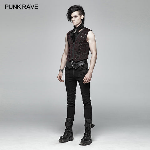 Goth Black And Red V-neck Zipper Vest With Cross Decoration