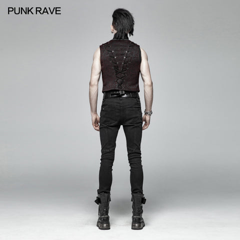 Goth Black And Red V-neck Zipper Vest With Cross Decoration