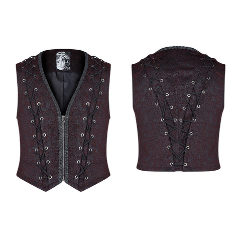 Goth Black And Red V-neck Zipper Vest With Cross Decoration