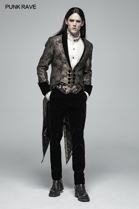 Gothic Medium Length Jacquard Jacket Lace-up Back Tailcoat