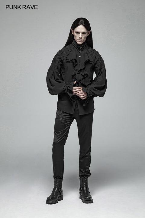 Men Dark Victorian Standing Collar Loose Ruffle Long Sleeve Shirt