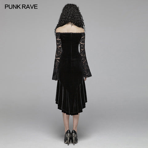 Gothic Women Velvet Long Sleeve High-low Lace Dress
