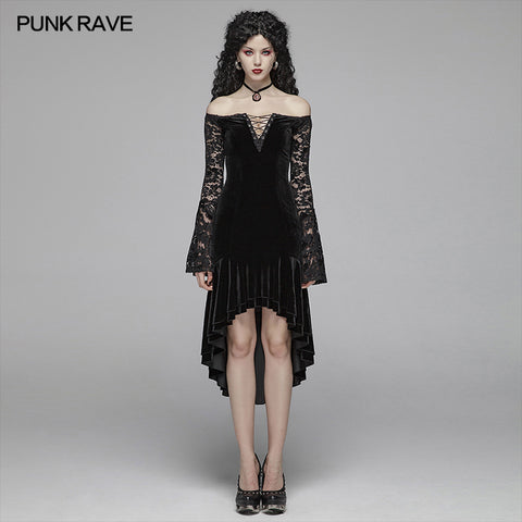 Gothic Women Velvet Long Sleeve High-low Lace Dress