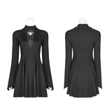 Gothic Women Hollow-out Collar Long Sleeve High Neck A-line Short Dress