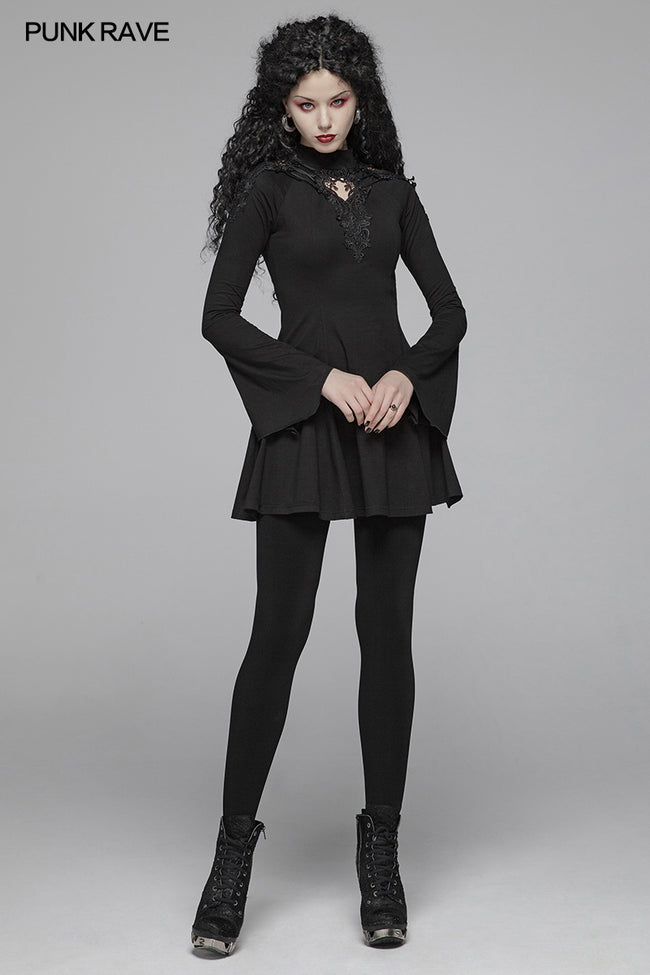goth long sleeve dress Black Cotton Maxi Dress: Royalcore Gothic Bell Sleeve Ruffle Lace