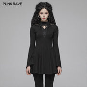 Gothic Women Hollow-out Collar Long Sleeve High Neck A-line Short Dress