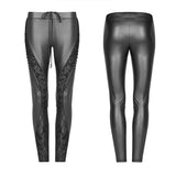 Gothic Women Elasticity Knit PU Legging Pants With Curves Lace Decoration