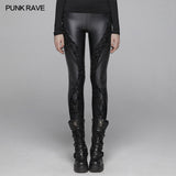 Gothic Women Elasticity Knit PU Legging Pants With Curves Lace Decoration