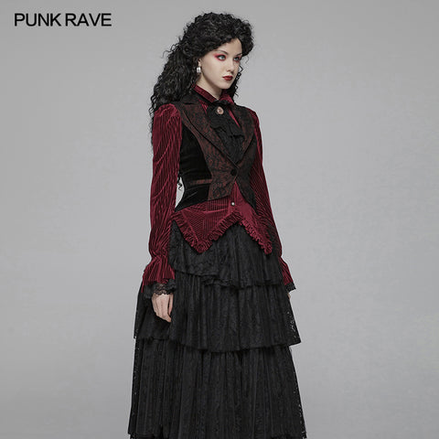 Gothic Red And Black Tuxedo Vest V-neck Tailcoat For Women