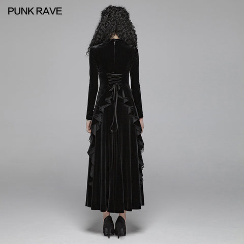 Gothic Daily Women Long Sleeve Velvet High-low Long Dress With Lace