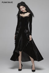 Gothic Daily Women Long Sleeve Velvet High-low Long Dress With Lace
