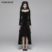 Gothic Daily Women Long Sleeve Velvet High-low Long Dress With Lace
