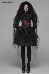 Lolita Dark Hat Long Irregular Tulle And Lace Headwear With Three-dimensional Flower Decoration