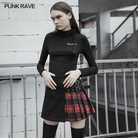 Colored checked folded half skirt with button loop
