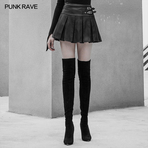 High Waist Metal Buckle Decorative Pleated PU Half Skirt