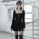 Textured velvet square collar package hip dress
