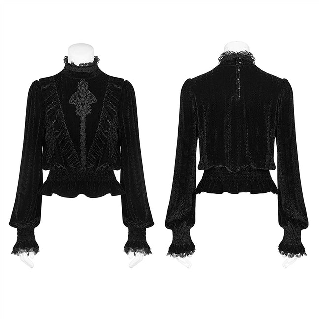 Gothic Middle Collar Dark-grain Velvet Blouse For Women