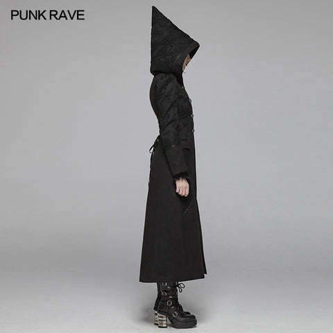 Gothic Long Woolen Coat With Pointed Hooded For Women