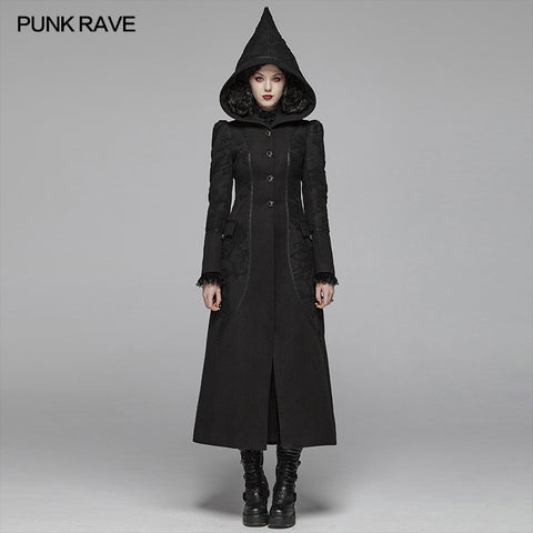 Gothic Long Woolen Coat With Pointed Hooded For Women
