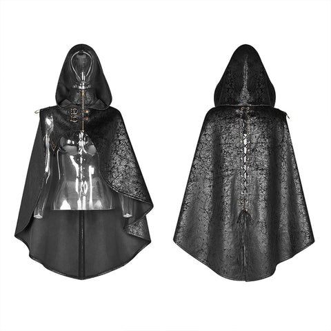 Steam Punk Leather PU Hooded Short Cloak With Lace-up Back
