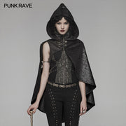 Steam Punk Leather PU Hooded Short Cloak With Lace-up Back