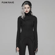 Dark Punk High Collar Long-sleeved Asymmetrical Knitting T-shirt