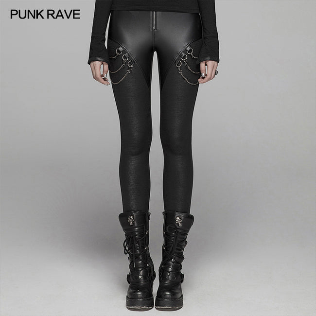 PUNK Women PU Leather Leggings Crack Velvet Tight Pants With Detachable Metal Chain