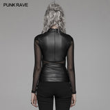 Punk Sexy PU Leather And Elastic Mesh Stitching Long Sleeve T-shirt For Women