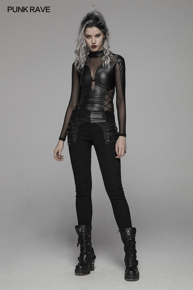 Punk Sexy PU Leather And Elastic Mesh Stitching Long Sleeve T-shirt For Women