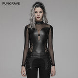 Punk Sexy PU Leather And Elastic Mesh Stitching Long Sleeve T-shirt For Women
