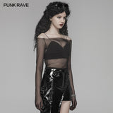 PUNK Off The Shoulder Elastic Transparent Mesh Long Sleeve T-shirt For Women