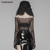 PUNK Off The Shoulder Elastic Transparent Mesh Long Sleeve T-shirt For Women