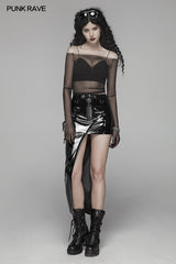 PUNK Off The Shoulder Elastic Transparent Mesh Long Sleeve T-shirt For Women