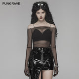 PUNK Off The Shoulder Elastic Transparent Mesh Long Sleeve T-shirt For Women