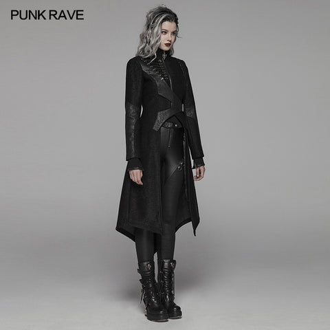 Punk Stand-up Collar Long Jacket With Lace-up Back
