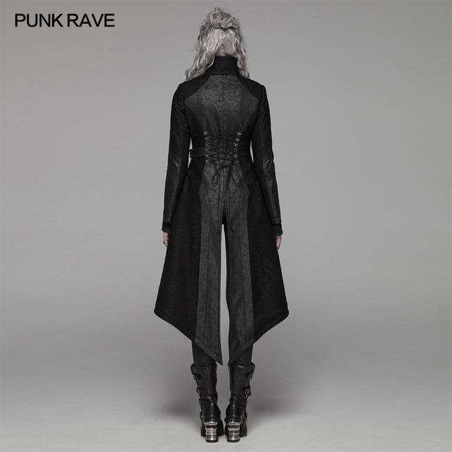 Punk Stand-up Collar Long Jacket With Lace-up Back