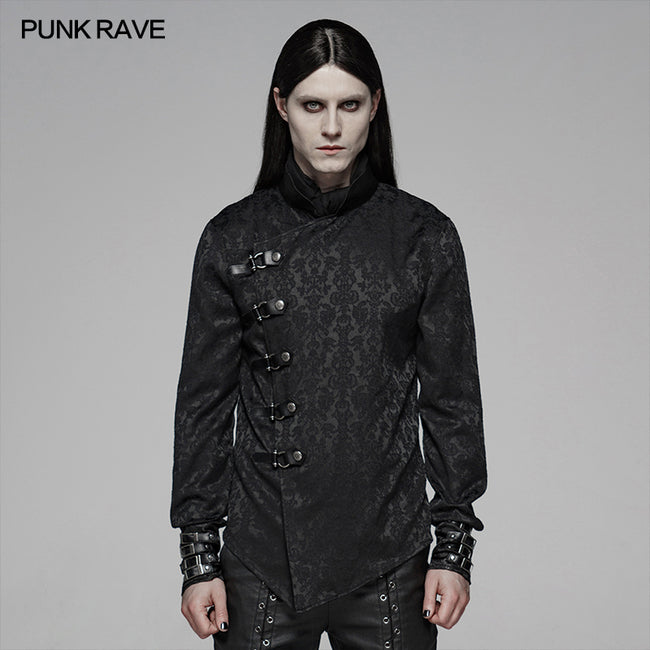 Punk Men Stand Collar Jacquard Fabric Long Sleeve Shirt With Oblique Placket Design