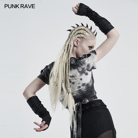 Punk snake print ripped gloves