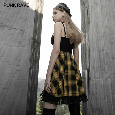 Stitched plaid braces skirt