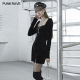 Textured velvet square collar package hip dress