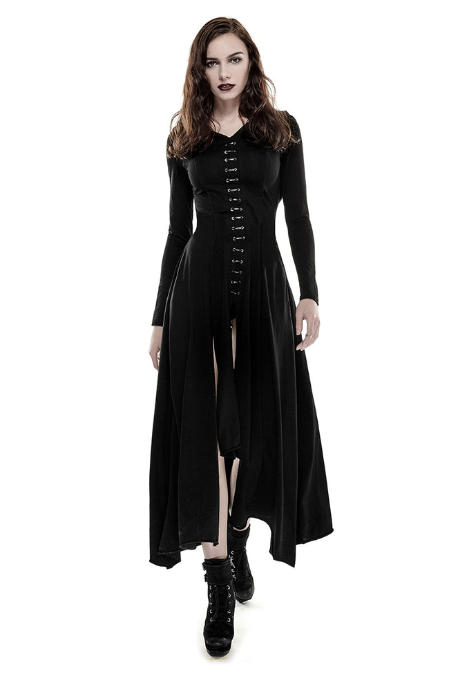 Black Knitted Slim Long Sleeve Hooded Evening Gothic Dresses