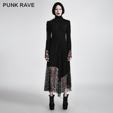 Sexy Asymmetrical Mesh High Neck Punk Dress Stitching With Fake Suede Fabric