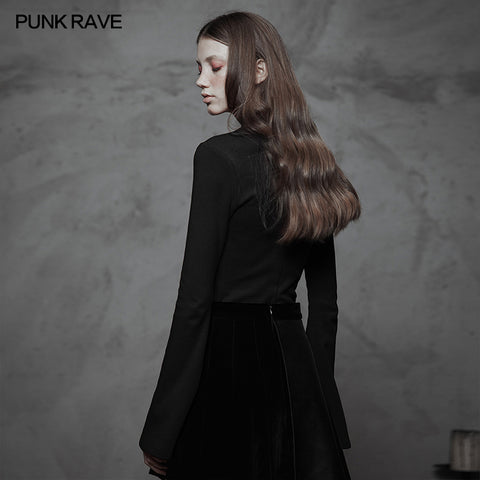 Dark High Collar "Witch" Trumpet Sleeve Knitted Top