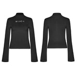 Dark High Collar "Witch" Trumpet Sleeve Knitted Top
